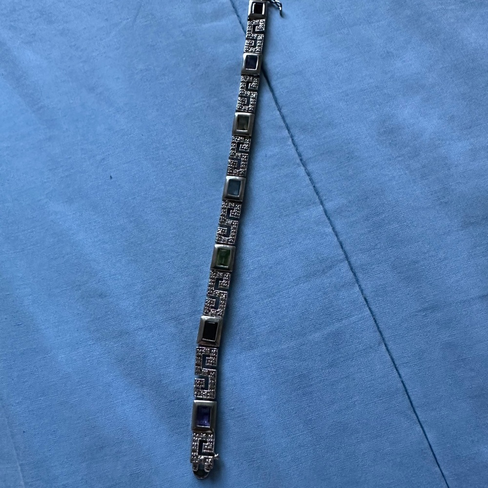Greek key Sterling silver bracelet with gemstones